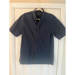 Rag & Bone Mens Navy Blue Geometric Grid Short Sleeve Button Down Shirt Size M